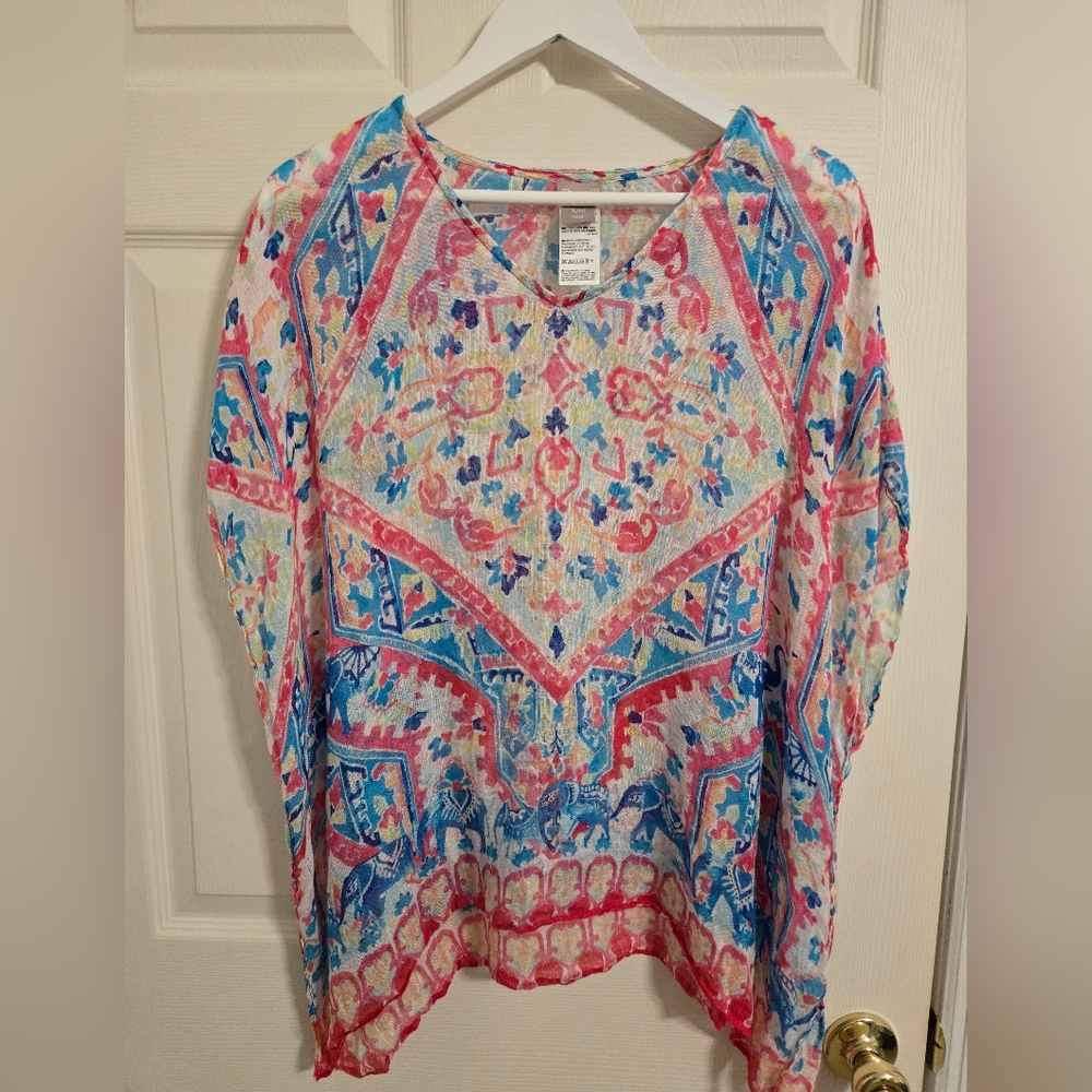 Chico's Pink And Blue Multicolor Bohemian Poncho Blouse Linen Size Small Medium